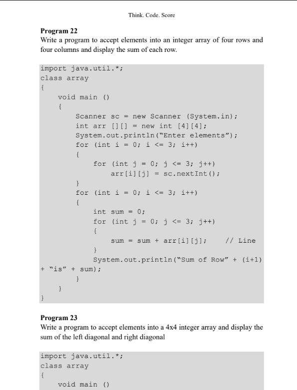 Worked Java program page from Think. Code. Score.